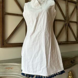 White Elizabeth Wilson Sleeveless shirt Dress with Blue Tassels